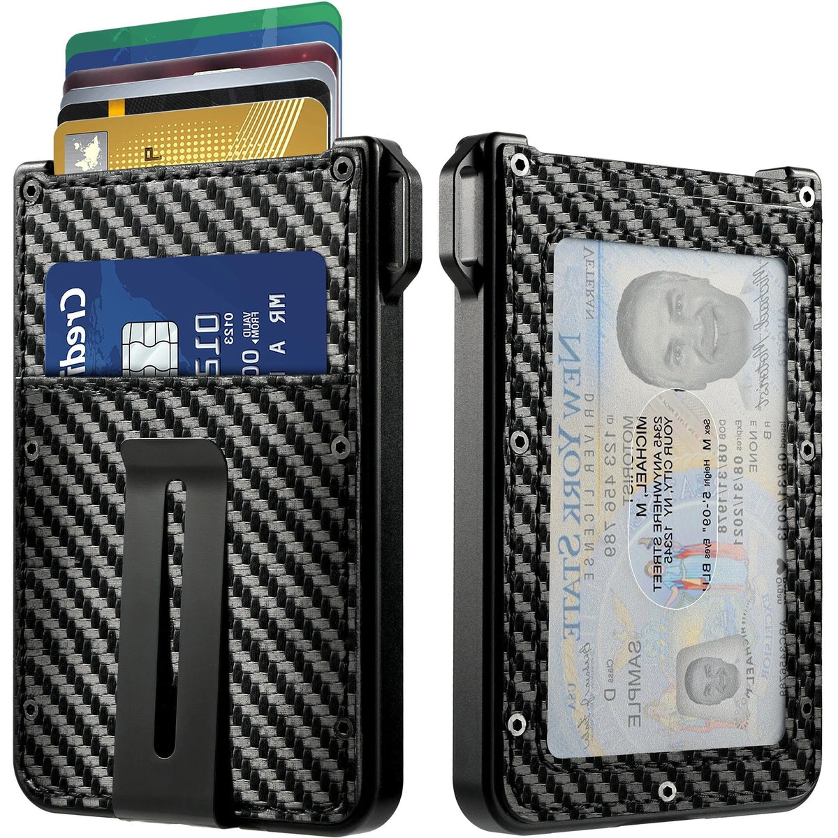 Men's Aluminum Slim Wallet Carbon Fiber and Leather Card Holder with Clear ID Slot and Cash Clip, Holds up to 10 Cards