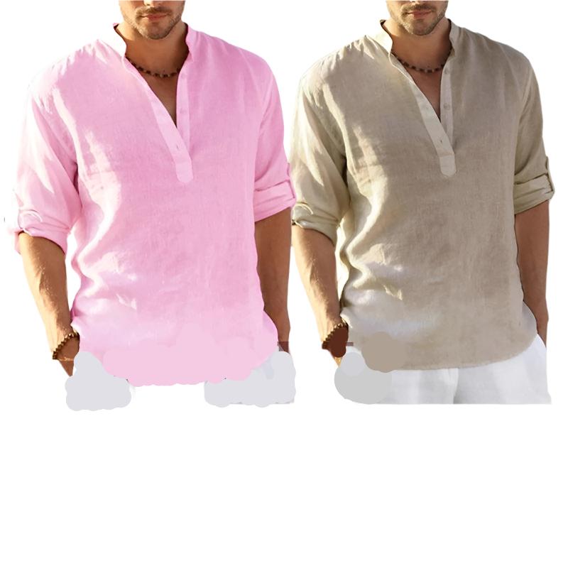 Men's Casual Long Sleeve Linen T Shirt  Loose Fit Solid Color Shirt