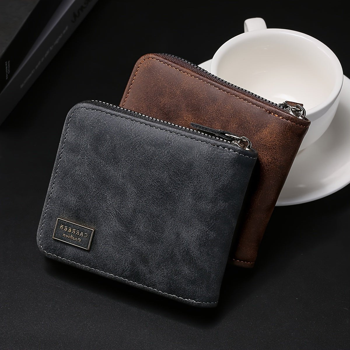 Men's Compact PU Leather Wallet with Zipper Closure and Multi-Card Holder