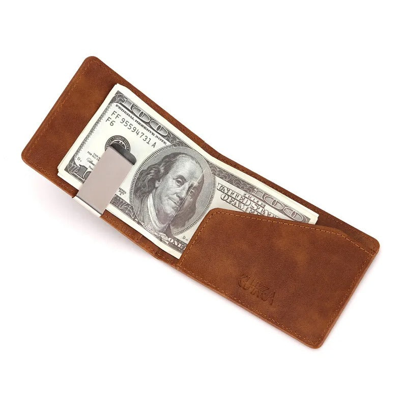 Men’s Slim Leather Money Clip Wallet with Metal Cash Holder