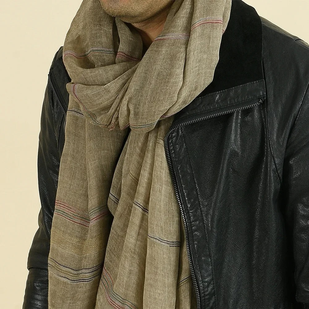 Men’s Cotton Linen Scarf Striped Tassel Winter Fashion Shawl