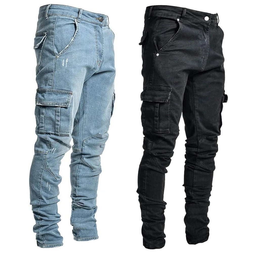 Men’s Denim Cargo Jeans Slim Fit Multi-Pocket Casual Pants