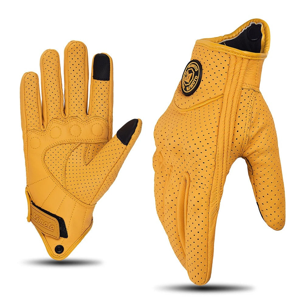 Retro Yellow Leather Motorcycle Gloves Breathable Touchscreen Racing
