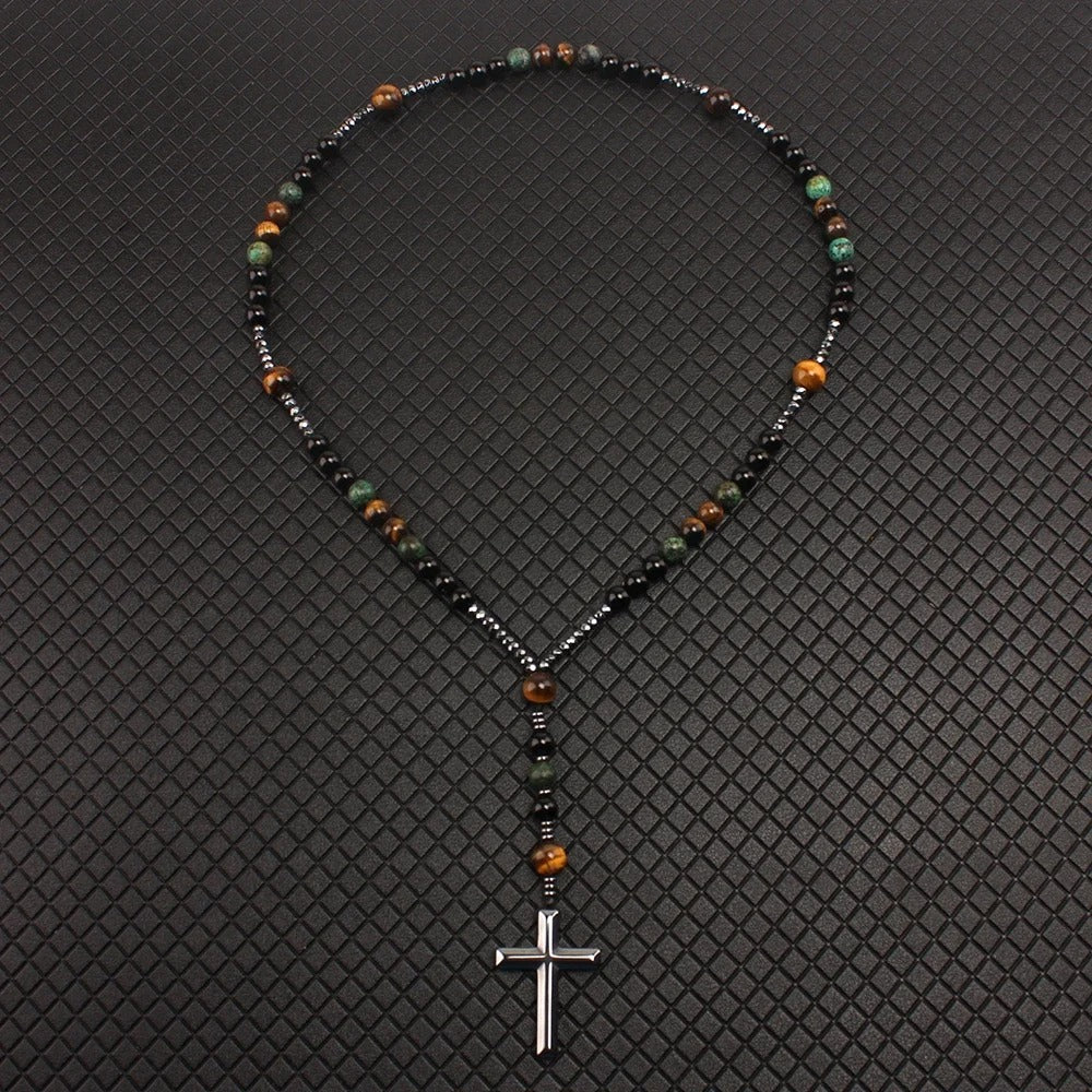 Turquoise Tiger Eye Beaded Necklace with Cross Pendant