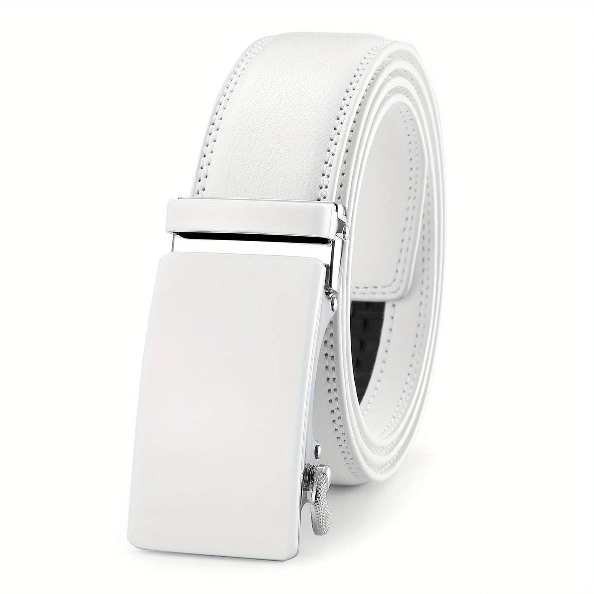 Men’s White Leather Ratchet Belt Automatic Buckle Dress Accessory