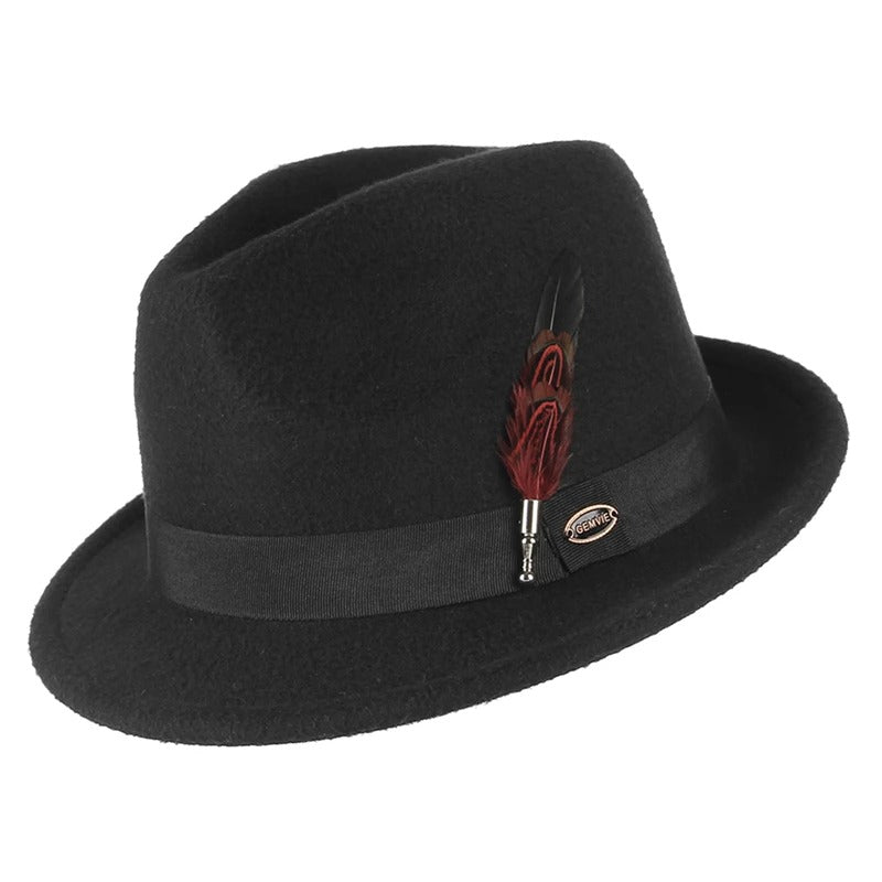 Vintage Black Felt Fedora Trilby Hat with Feather Accent