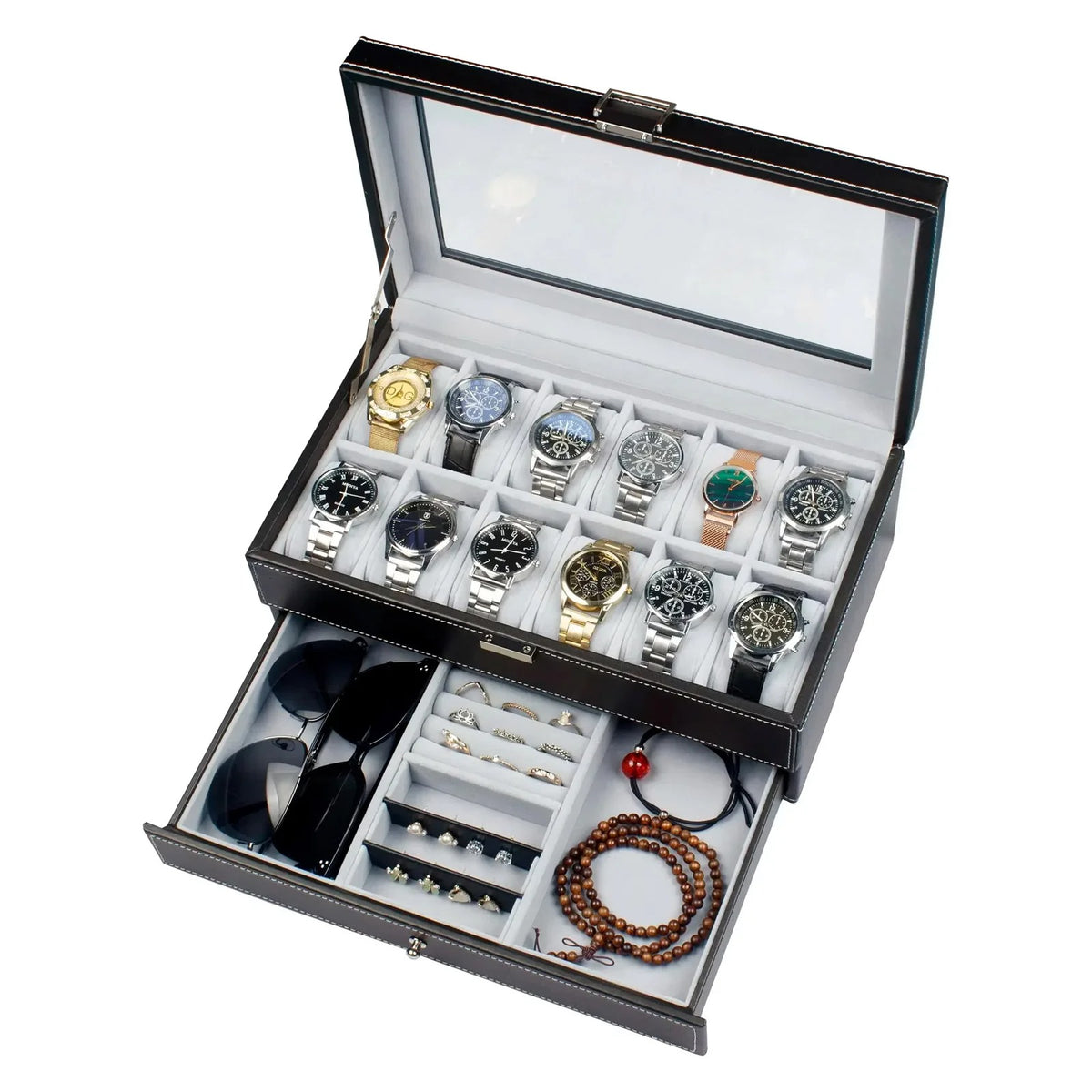 Lockable Leather Watch Box 12 Slot Jewelry Display Organizer