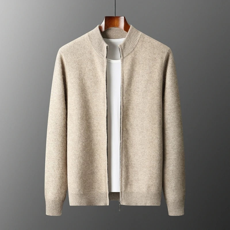 Men’s Merino Wool Sweater Zippered Cardigan Mock Collar Winter