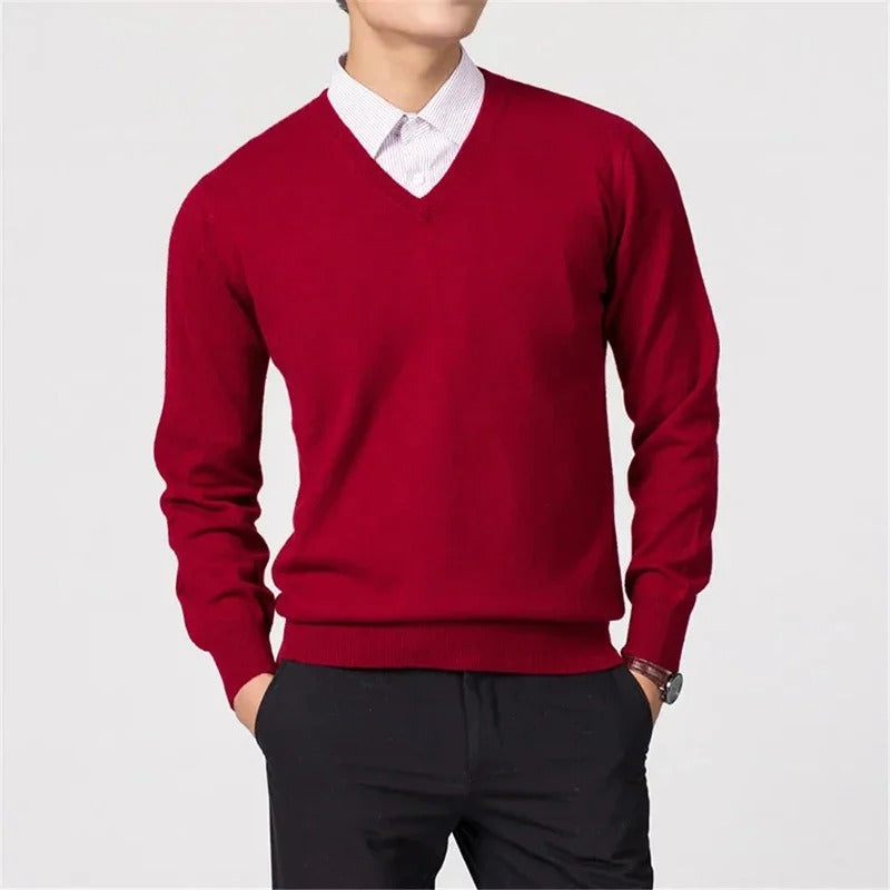 Men’s Wool V-Neck Sweater Cashmere Knit Pullover Jumper