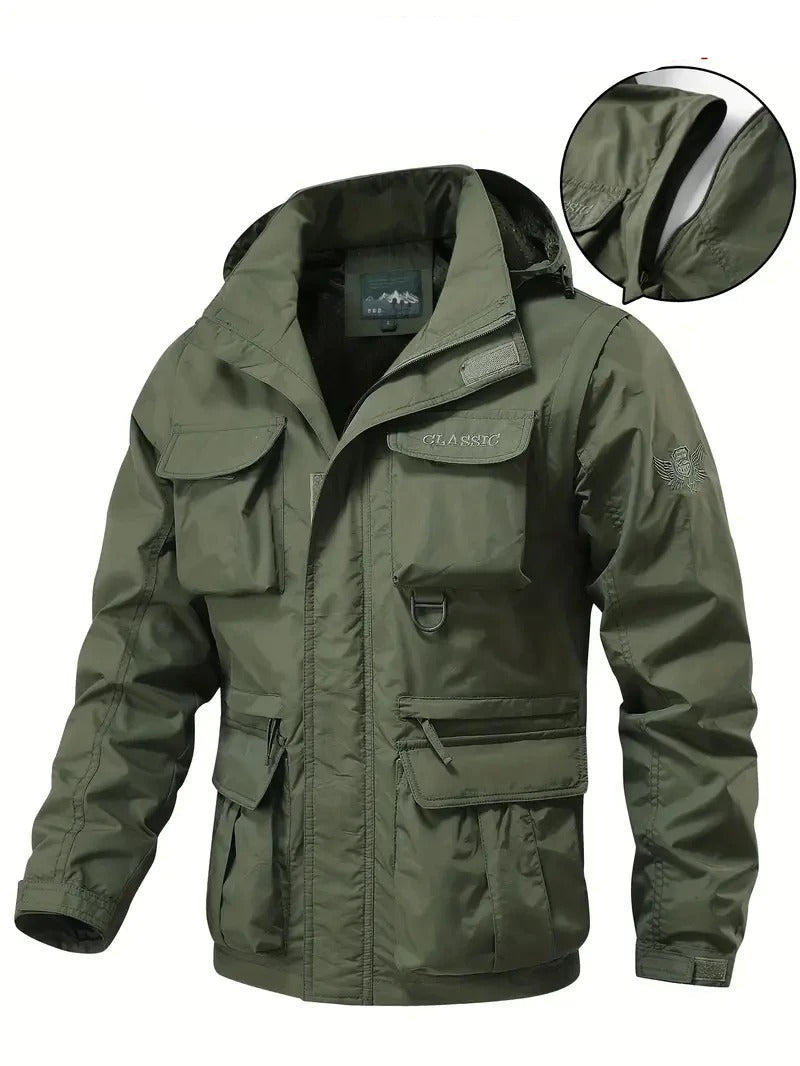 Men’s Detachable Hooded Waterproof Jacket Outdoor Multi-Pocket Vest