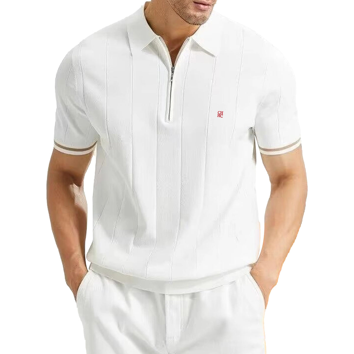 Men’s Summer Ribbed Knit Polo Shirt Breathable Textured Top