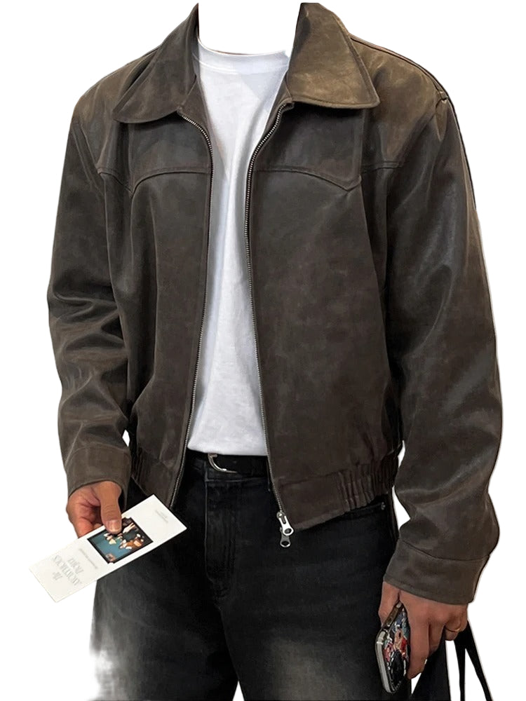 Men’s Vintage Washed PU Leather Jacket Lightweight Casual Coat