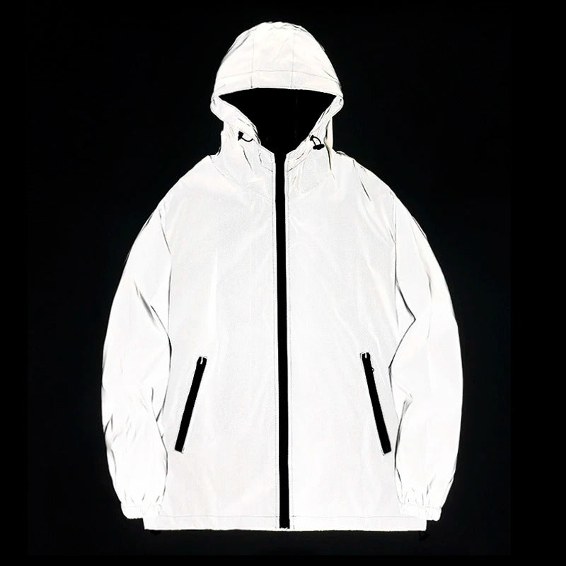 Men’s Reflective Hooded Jacket Waterproof Windbreaker Hip Hop Outwear
