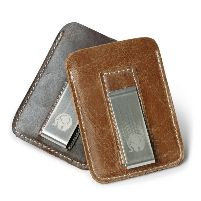 Slim Genuine Leather Money Clip Wallet with Metal Cash Clamp