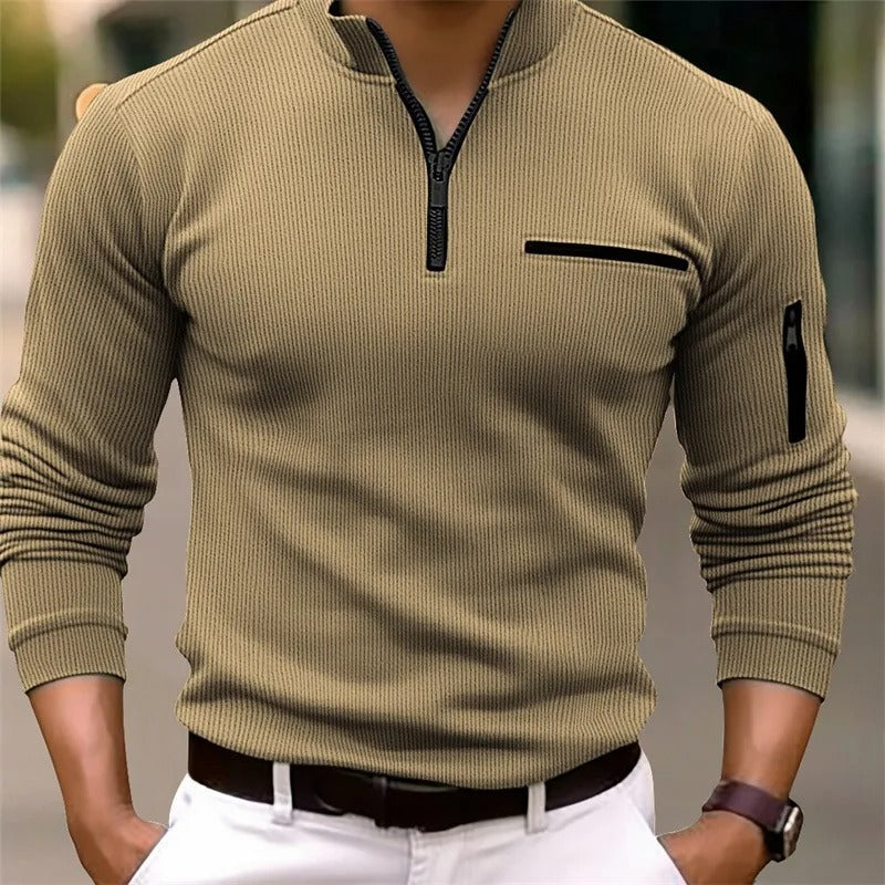 Men’s Striped Zipper Long Sleeve Polo Shirt Casual Outdoor