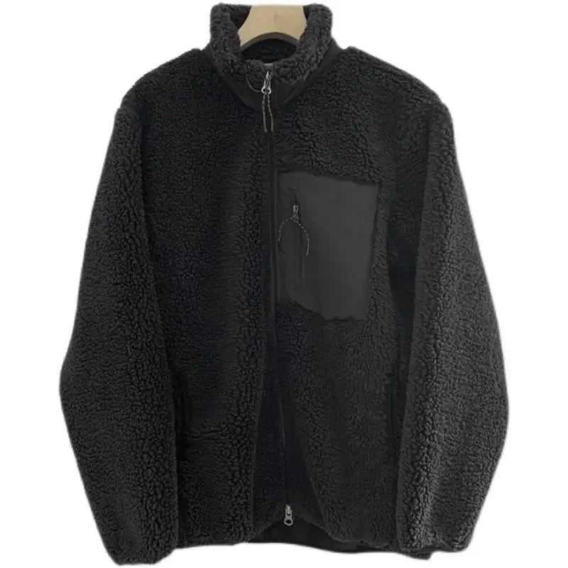 Men Fleece Stand Neck Jacket Warm Lamb Wool Coat