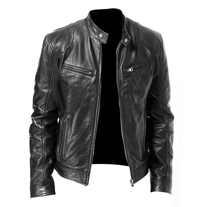 Men’s PU Leather Motorcycle Jacket Slim Fit Autumn Coat