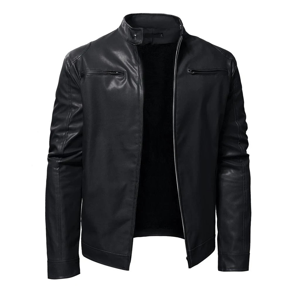 Men’s Stand Collar Leather Motorcycle Jacket Warm Winter Coat