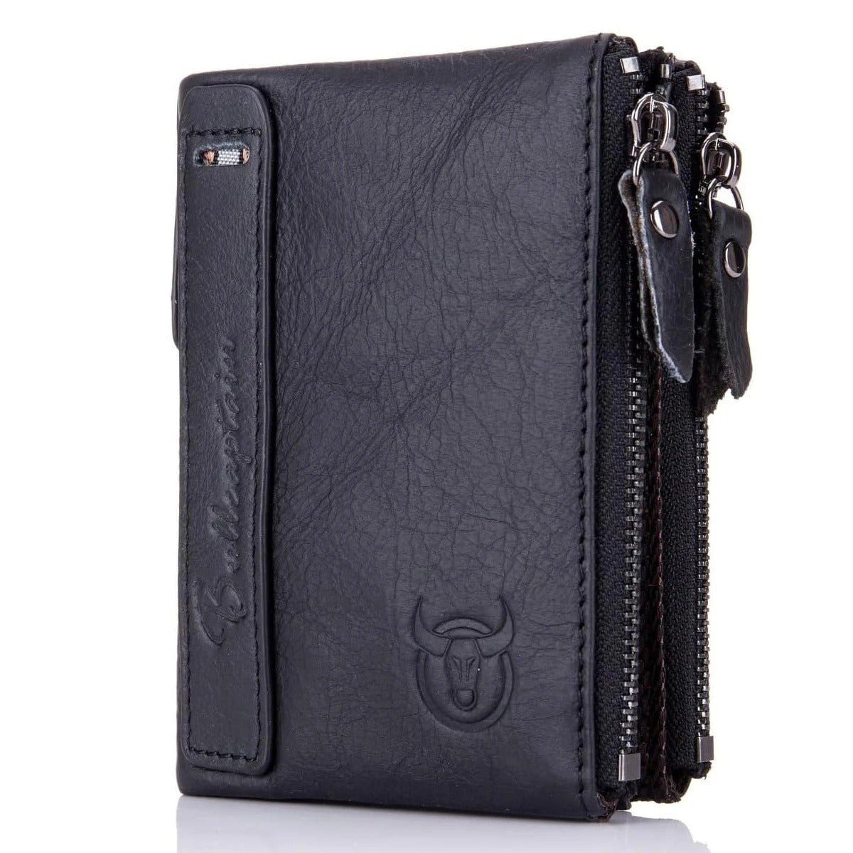 Genuine Leather Men’s Bifold Wallet with Double Zipper Pockets