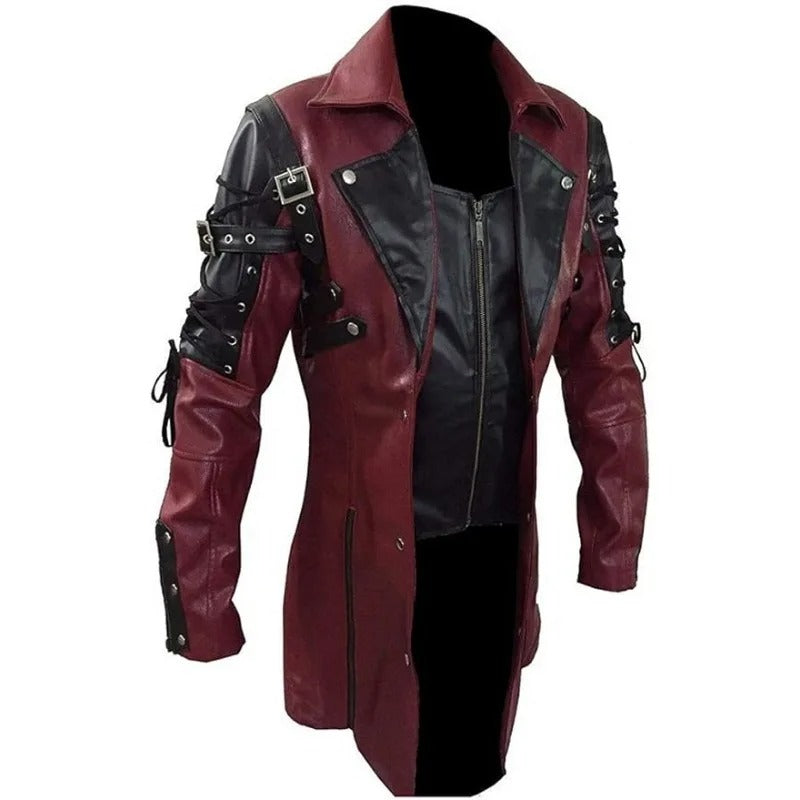 Men’s Steampunk Gothic Trench Coat Leather Biker Jacket
