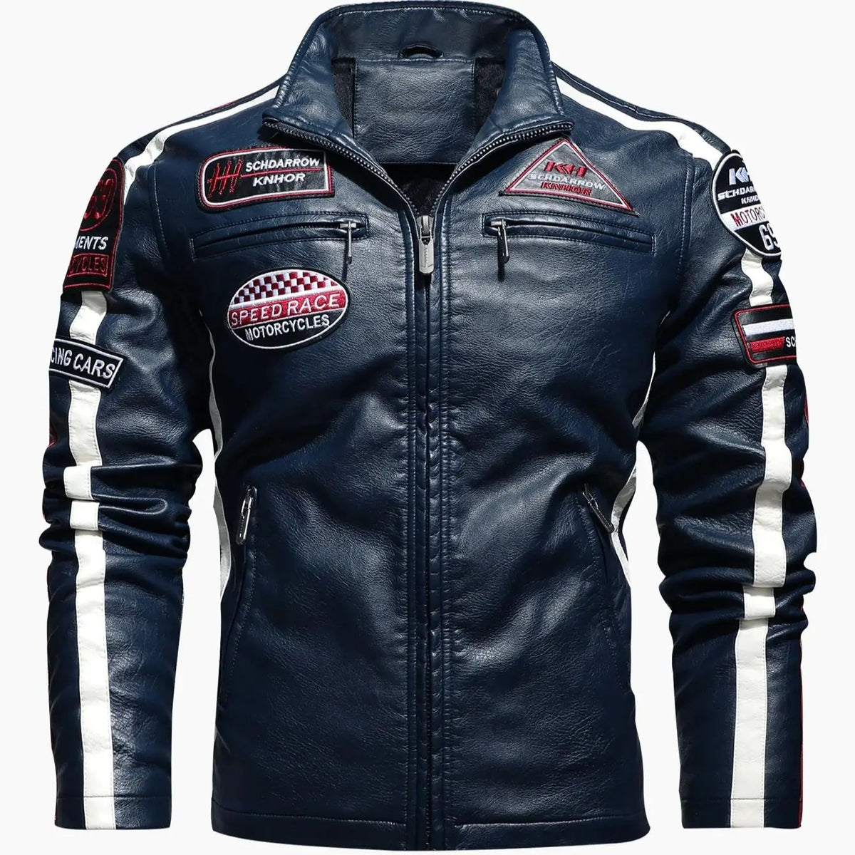 Men’s PU Leather Motorcycle Racing Jacket Color Block Suit