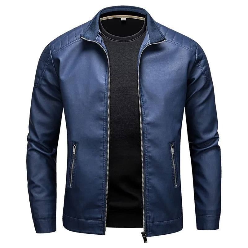 Men’s Stand Collar Leather Jacket Slim Fit Korean Style