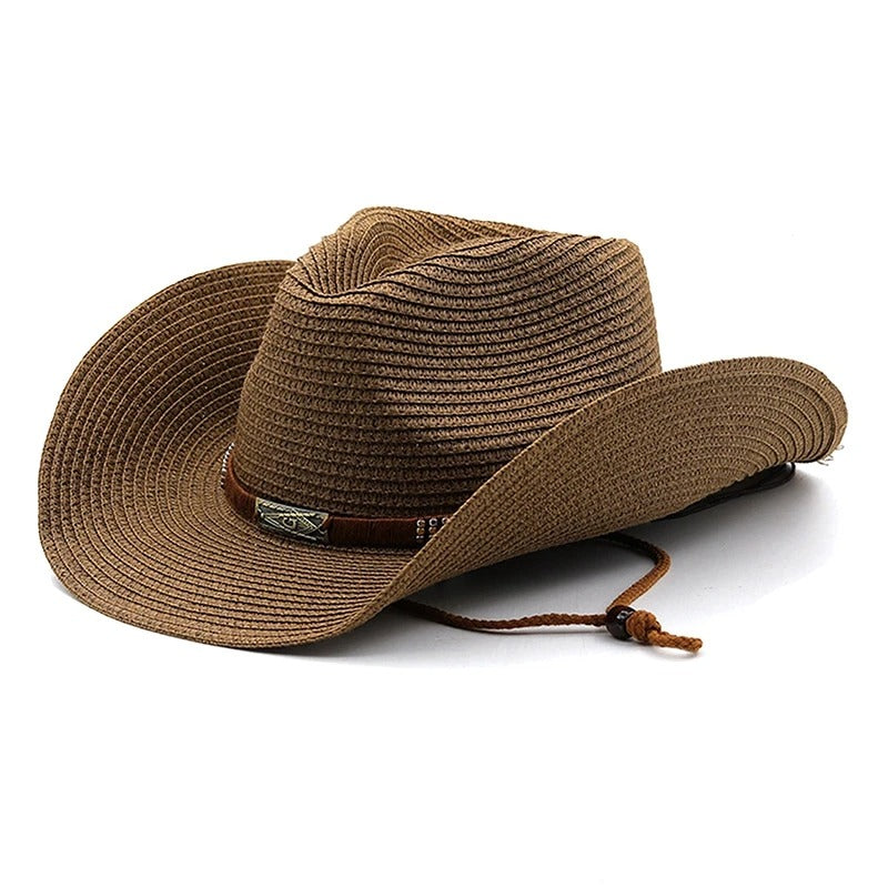 Men’s Western Cowboy Straw Hat Wide Brim Summer Cap