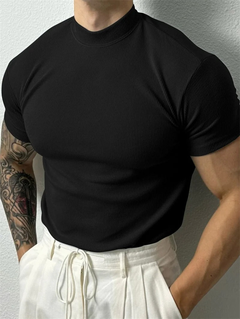 Men’s High Collar Stripe Fitness T-Shirt Summer Sportswear