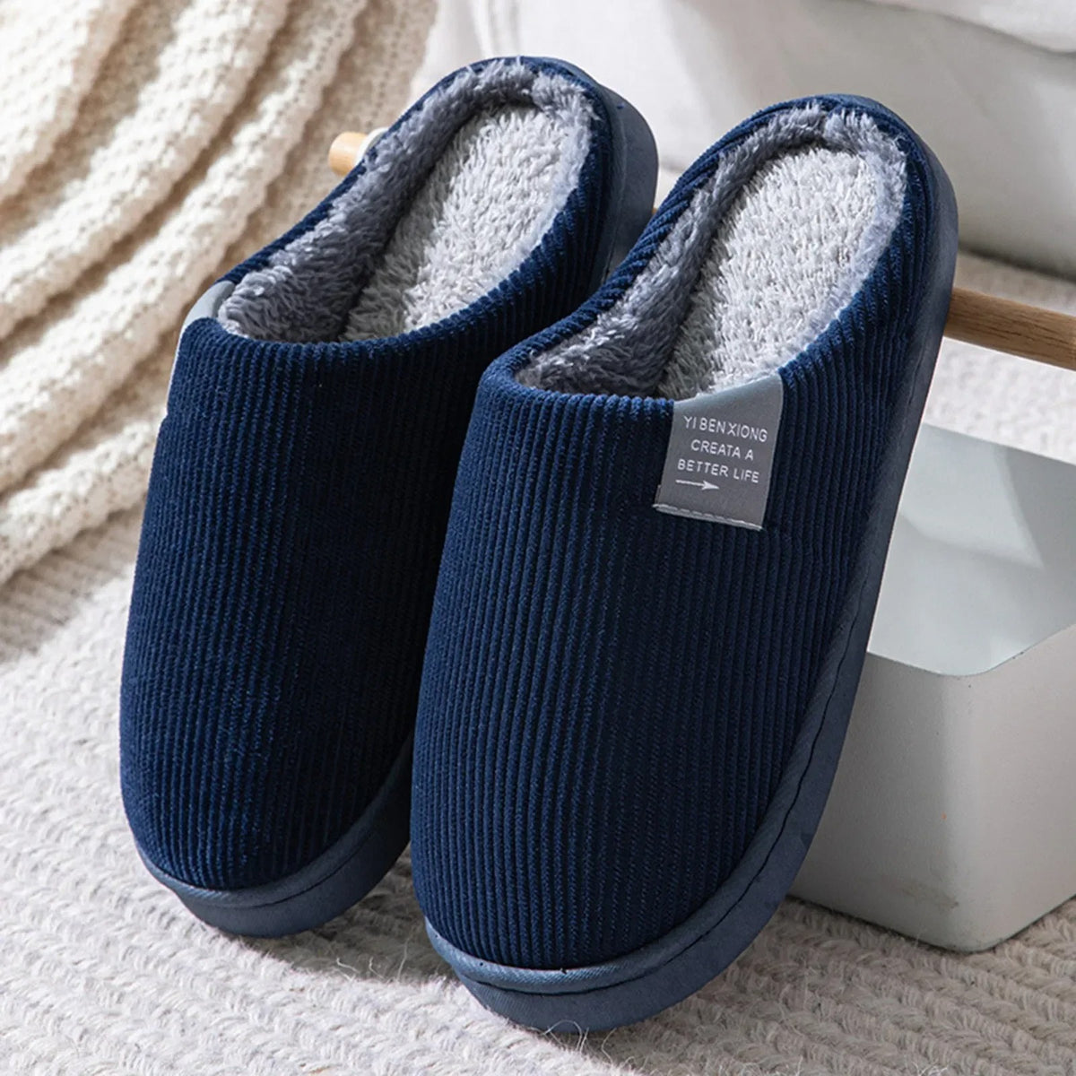 Men Winter Plush Slippers Indoor Anti-Slip Warm Home Shoes