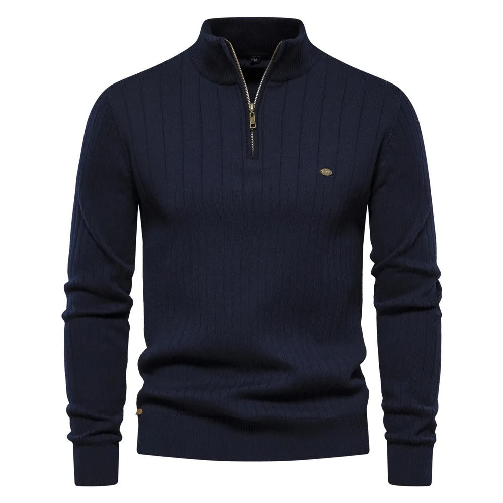 Men’s High Quality Cotton Knitted Zipper Stand Collar Sweater