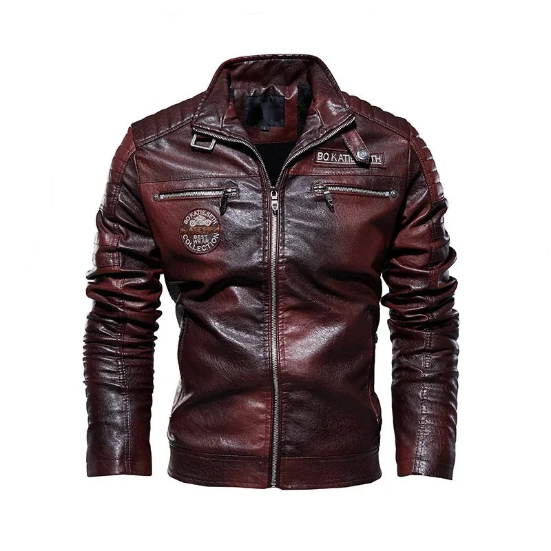 Men’s PU Leather Motorcycle Jacket Winter Warm Biker Coat
