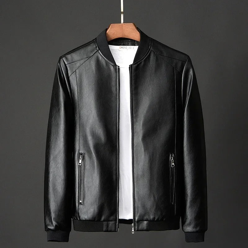 Men’s Black PU Leather Biker Jacket Slim Baseball Style