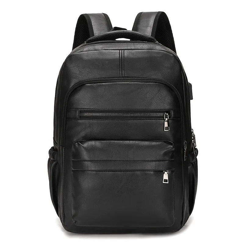 USB Charging Men’s PU Leather Laptop Backpack for School