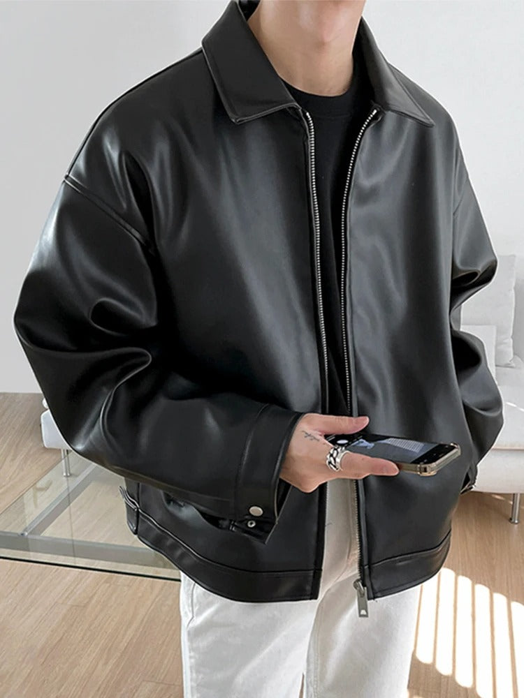 Men’s Black PU Leather Jacket Lightweight Casual Zipper Coat