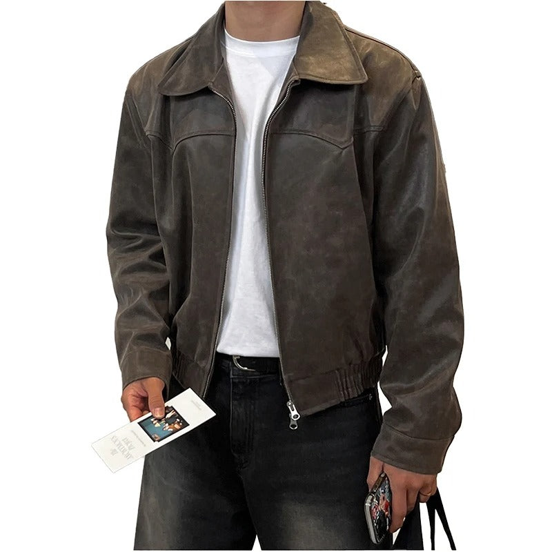 Men’s Vintage Washed PU Leather Jacket Casual Lightweight Coat