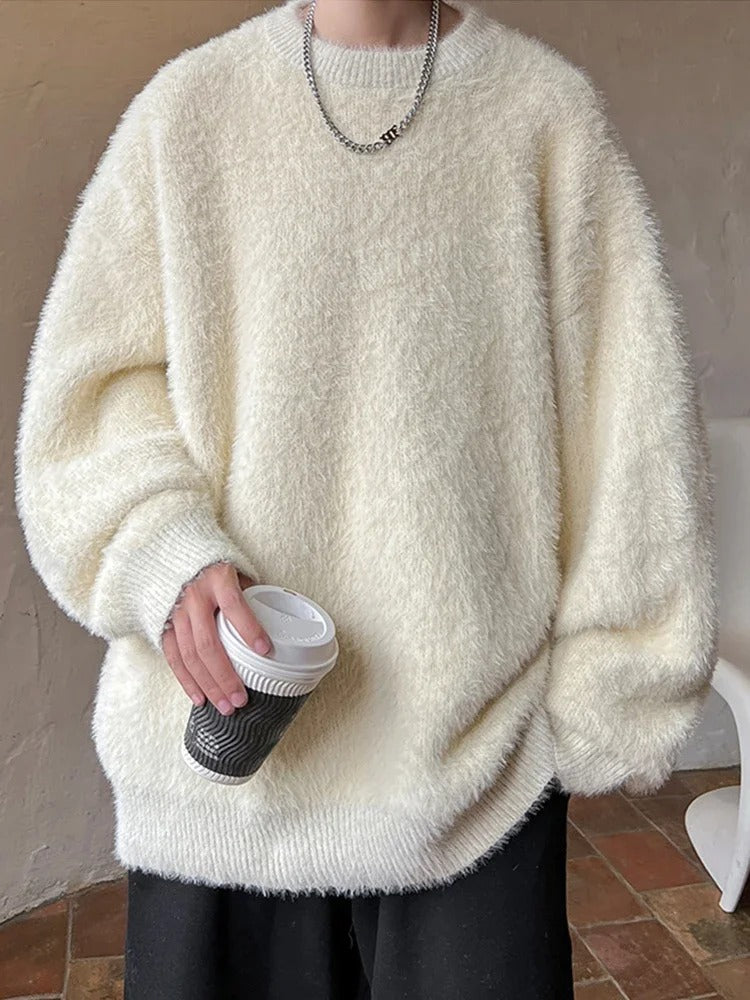 Men’s Fluffy Knitted Sweater Autumn Winter Loose Vintage Pullover
