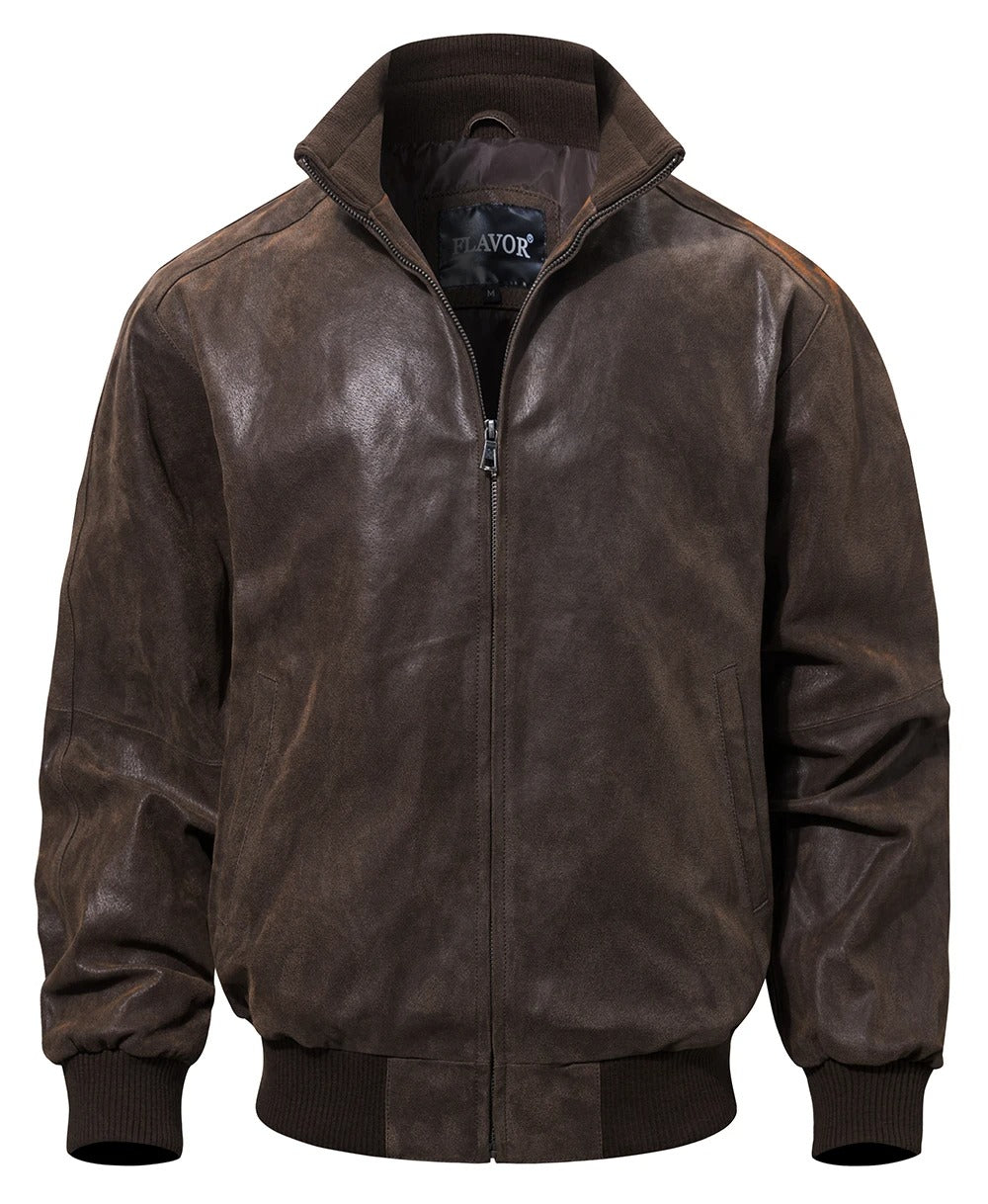 Men’s Genuine Pigskin Leather Bomber Jacket Stand Collar Coat