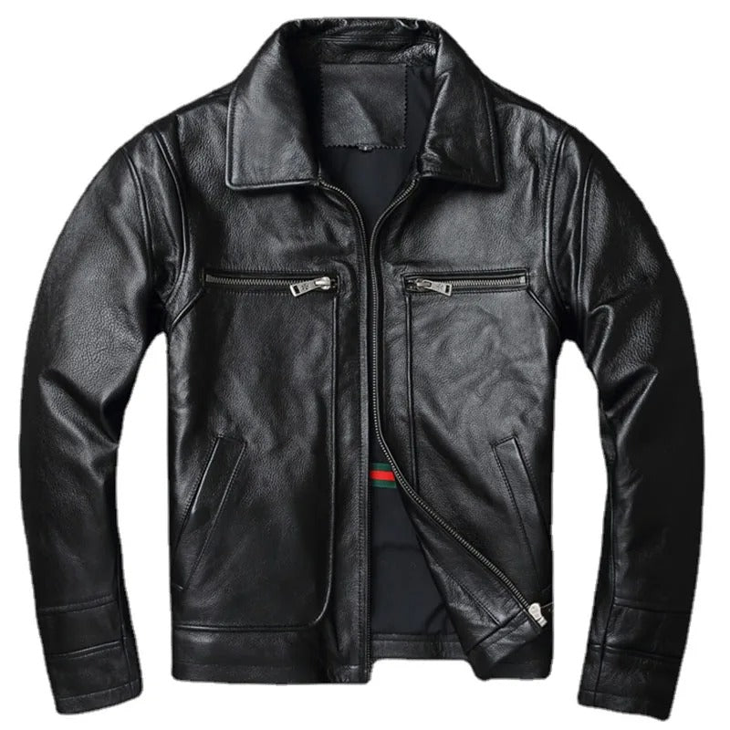 Men’s Vintage Cowhide Leather Jacket Genuine Winter Biker Coat